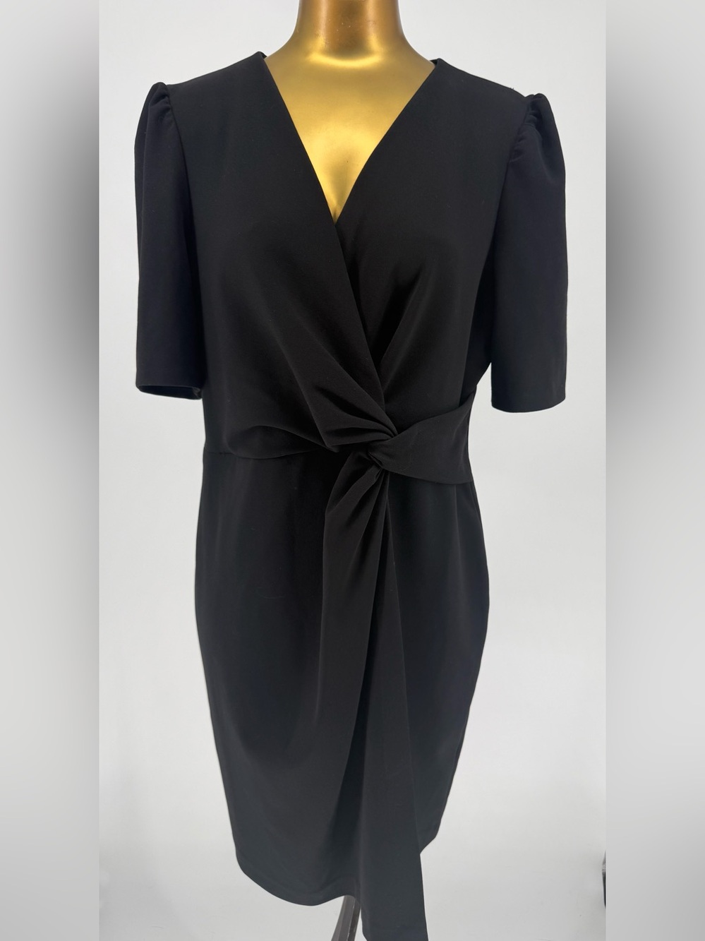 DKNY Black Knot-Front Sheath Dress V Neck Size 14
